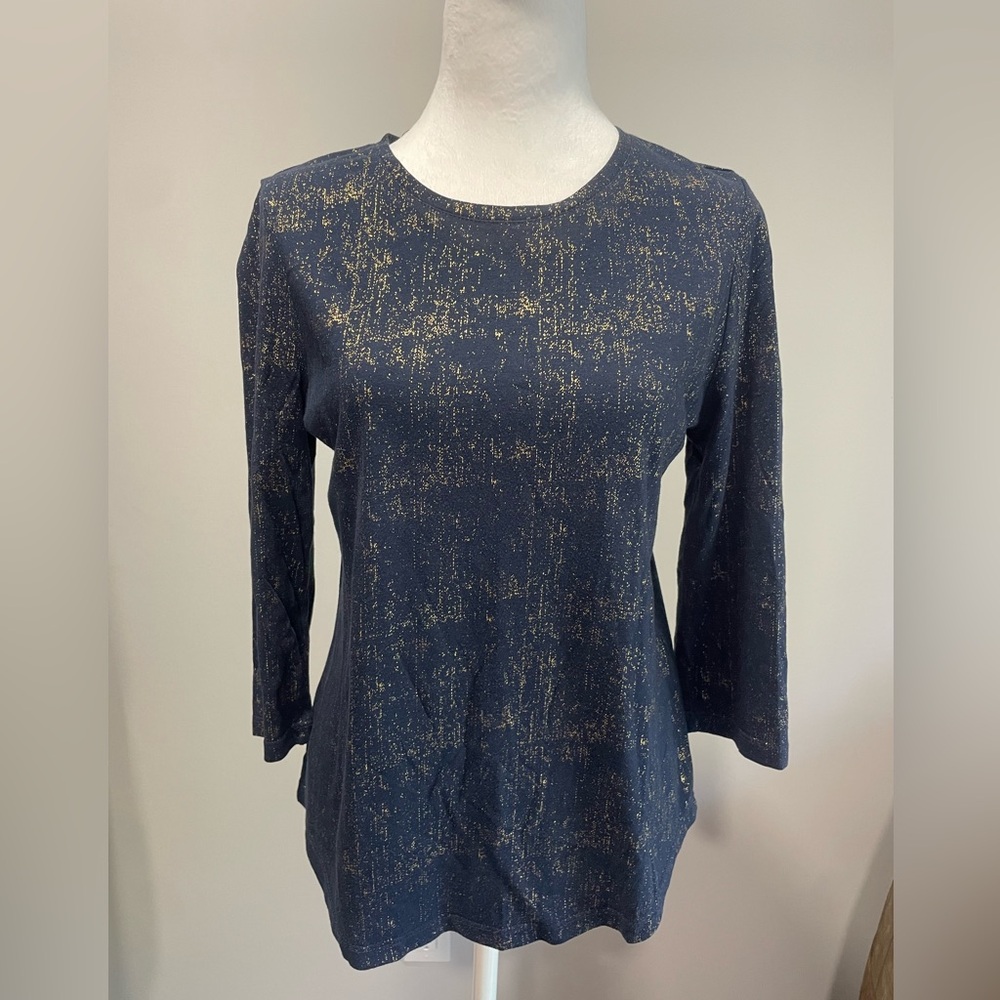 Chicos‎ 3/4 sleeve cotton shirt Navy and Gold Size 1 Like New